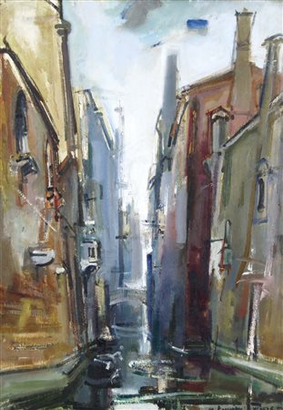 ROMAGNA MIRO Venezia 1927 - 2006 Canale veneziano 1953 olio su tela 60x42 cm...