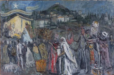 DALLA ZORZA CARLO Venezia 1896 - 1977 Il presepio ad Asolo 1964 olio su...