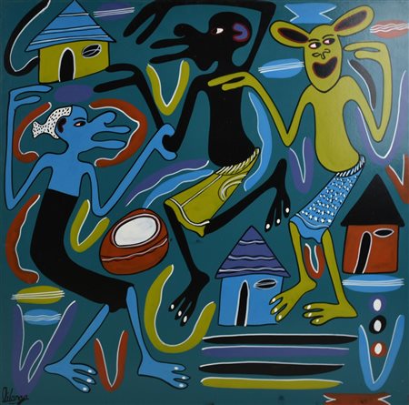 George Lilanga KALIBU DADA NYUMBIHVI acrilico su masonite, cm 61x61 firma sul...