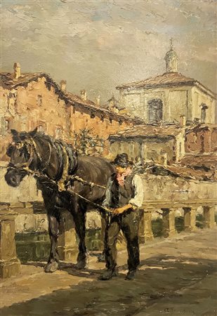 Alfredo Scocchera NAVIGLIO OSPEDALE olio su tavola, cm 49x31 firma sul retro:...