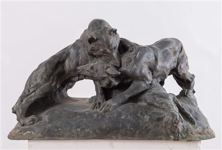 ANGIOLO VANNETTI (Livorno 1881 – Firenze 1962) "Lotta di lupi". Scultura in...