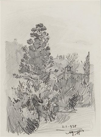 ALFREDO BARUFFI (1873 - 1948). “Paesaggio”, 1938. Disegno su carta. Cm...