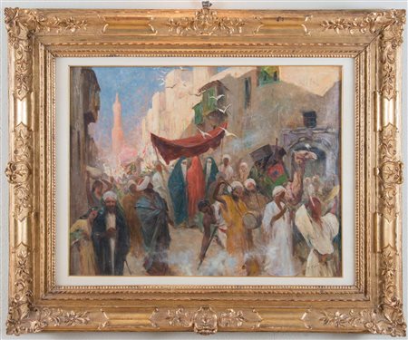 Fabio Fabbi (Bologna 1861 - 1946) “Processione di nozze al Cairo”. Olio su...