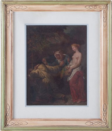 Maestro del XIX secolo. "Tentazioni di Sant'Antonio". Olio su tela. Cm 35,5x27,5