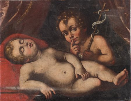 Maestro del XVII secolo "Gesù bambino dormiente e San Giovannino". Olio su...