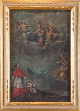 Maestro del XVIII secolo. “Madonna in gloria con santo e angeli”. Olio su...