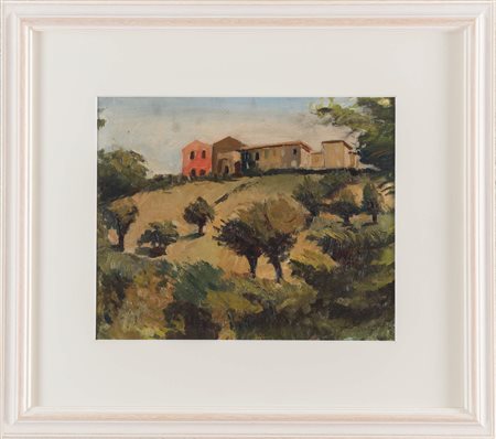 BRUNO SAETTI (Bologna 1902 – 1984) "Paesaggio", anni '40. Olio su cartone. Cm...