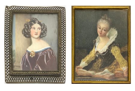 Due miniature raffiguranti ritratto femminile. Cornice in filigrana. Fine XIX...