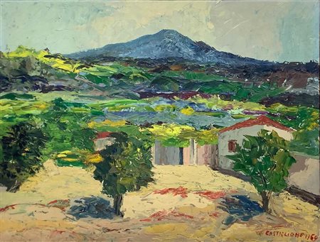 Dipinto ad olio su tavola raffigurante Etna con paesaggio di campagna....