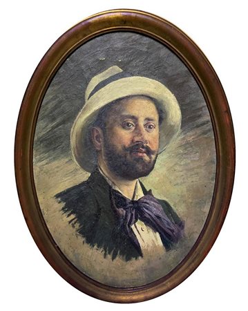 Dipinto ovale ad olio su tela raffigurante ritratto maschile, XIX sec,...
