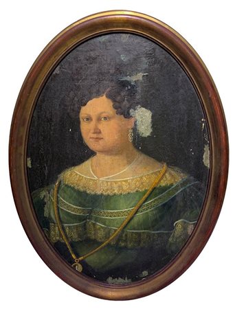 Dipinto ovale ad olio su tela raffigurante ritratto femminile, XIX sec,...