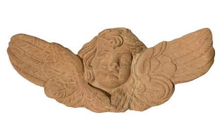 Angelo in terracotta con ali a volo alto, Caltagirone, XX secolo. Incollatura...