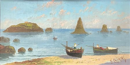Dipinto ad olio su tela raffigurante Marina di Acitrezza, G. Cajani. Cm 19x38