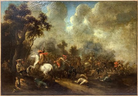 Dipinto ad olio su tela raffigurante battaglia, attribuito a Pieter van...
