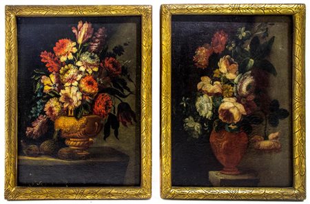 Coppia di dipinti ad olio su tela raffiguranti natura morta di fiori, pittore...