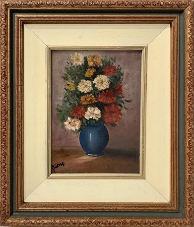 Dipinto ad olio su masonite raffigurante vaso con fiori. Cm 18x13. In cornice...