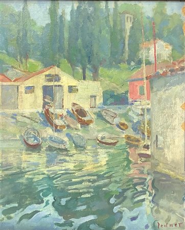 Dipinto ad olio su masonite raffigurante paesaggio fluviale con barche e...