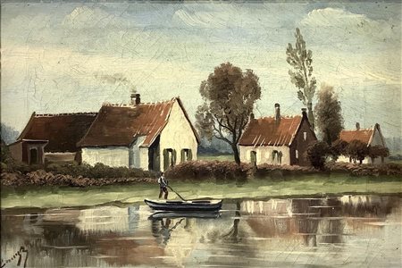 Dipinto ad olio su tela raffigurante paesaggio case sul lago. Firma...