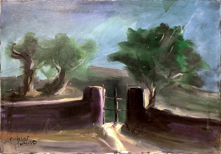 Dipinto ad olio su tela raffigurante paesaggio con muretto e cancello,...