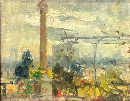 Dipinto ad olio su tavola raffigurante paesaggio con obelisco. Cm 9x11,5. In...