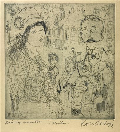 Incisione raffigurante Kandinsky e figura femminile, firmato al centro Priha,...
