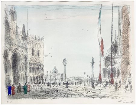 Litografia (fuori commercio) a colori raffigurante Piazza San Marco di...