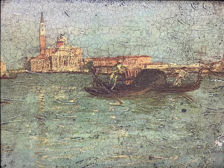 Dipinto ad olio su masonite raffigurante isola di San Giorgio a Venezia,...
