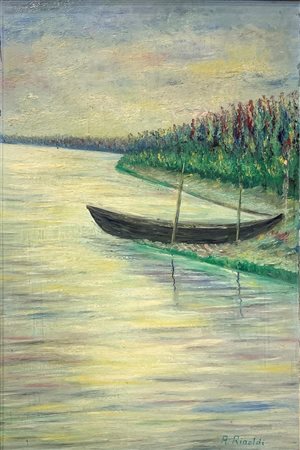 Dipinto ad olio su tela raffigurante paesaggio con barca, firmato in basso a...