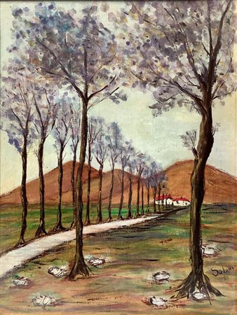 Dipinto ad olio su tela raffigurante via con alberi e colline. Firmato e...