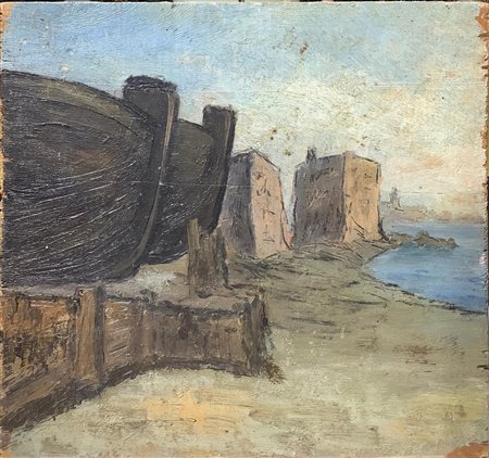 Dipinto ad olio su tavola raffigurante paesaggio con cantiere navale. Cm 22x21