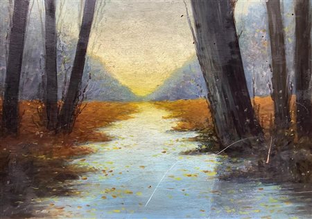 Dipinto ad olio su tavola raffigurante fiume con alberi al tramonto. Firmato...