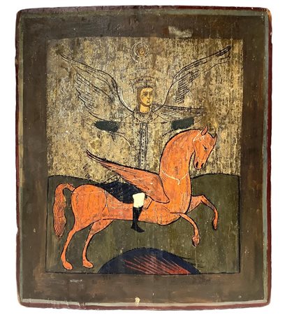Icona russa, tempera su tavola raffigurante L'arcangelo Michele Cavaliere...