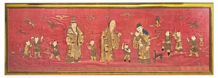Arazzo in seta con personaggi, Cina, fine XIX secolo, inizi XX secolo. H cm...