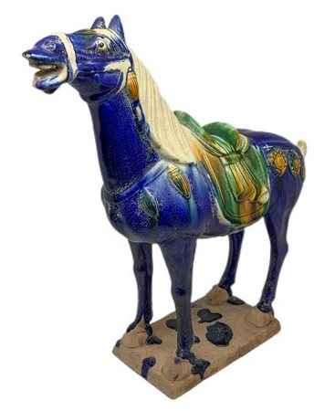 Cavallo in ceramica nei colori del blu, Cina. Cm 28