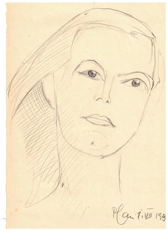 Disegno a matita su carta raffigurante volto di donna, Sigfrido Pfau...