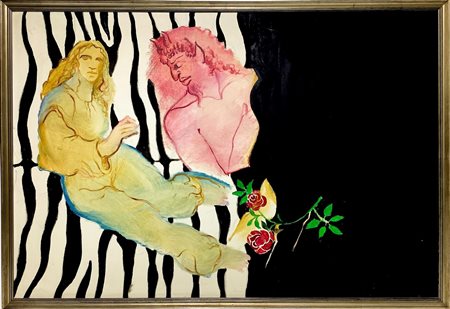 Dipinto Diavolo con Donna (Gitlan?). Cm 90x134. In cornice cm 96,5x140,5.