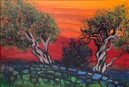 Dipinto ad olio su tela raffigurante paesaggio con alberi. Cm 53x80. Firmato...
