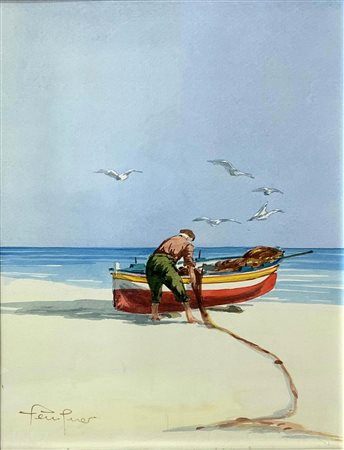 Gouache su cartoncino raffigurante pescatore con barca in riva al mare, cm...