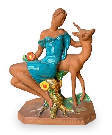Zaccagnini, statua in terracotta raffigurante Diana e cervo, decorata in...