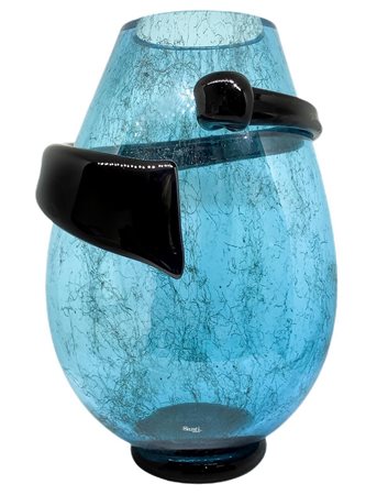 Vaso in vetro di Murano blu con striscia in nero firmato Santi Murano