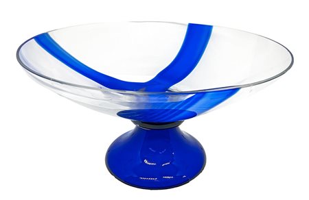Grande alzata in vetro con base blu e coppa trasparente con inclusione di...