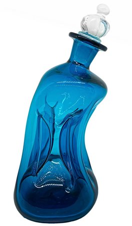 Bottiglia in vetro di gusto informale nei toni del blu, XX secolo. Con tappo...