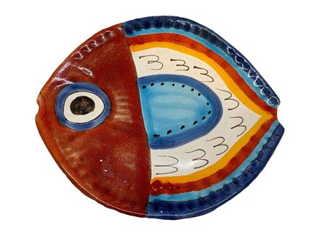 Piatto a forma di pesce in ceramica De Simone, Sicilia. Cm 20x22.
