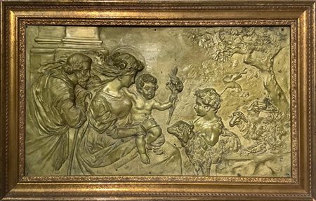 Sacra Famiglia con S. Giovannino, fine XIX secolo. Lastra di ghisa dorata a...