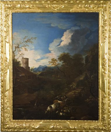 MONTI FRANCESCO detto IL BRESCIANINO (1646 - 1712) Paesaggio con pastori e...