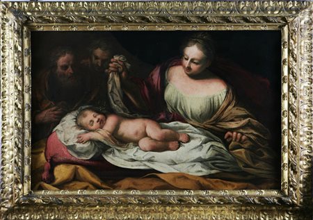 ARTISTA LOMBARDO DEL XVII SECOLO Madonna con bambino e personaggi. Olio su...