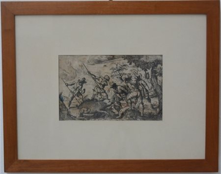 Incisione del secolo XVII "Caccia al cinghiale" (mm 145x230 circa). Iustus Sade