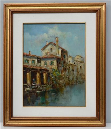 Firma indecifrata "Milano naviglio a San Damiano" olio su tela (cm 40x30) Firma