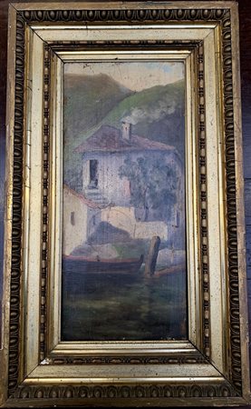 Ignoto "Casa sul fiume" olio su compensato (cm 40x18) In cornice (difetti)