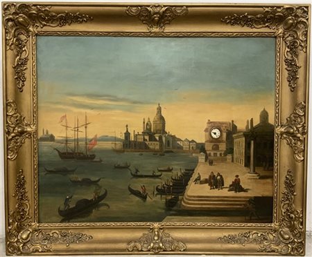 Dipinto ad olio con orologio raffigurante la chiesa della Salute da palazzo Duc